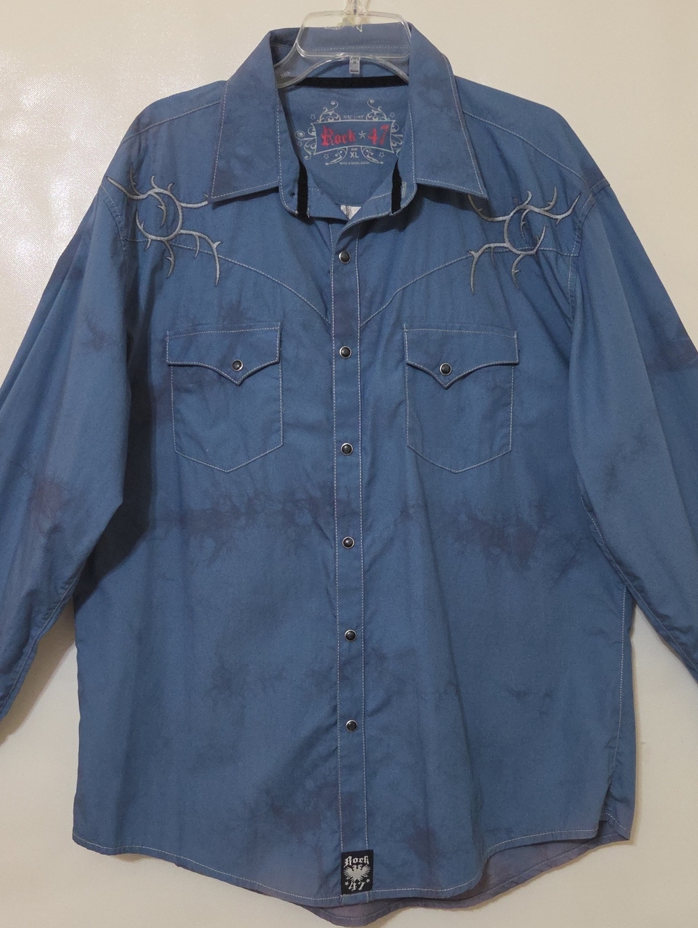 Rock 47 Men's Blue Pearl Snap Western Shirt Embroidered Yoke & Back - Size XL